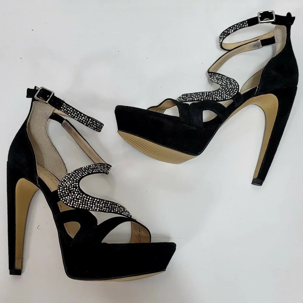 Enzo Angiolini Eataelon Black‎ Suede Rhinestone Heels Leather Upper 6M Glam Luxe